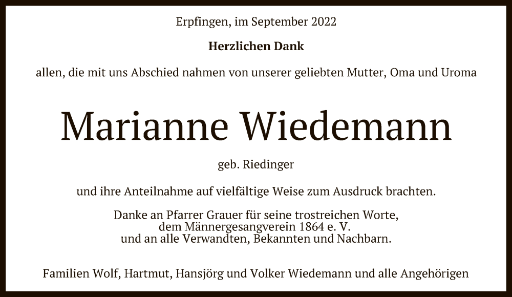  Traueranzeige für Marianne Wiedemann vom 03.11.2022 aus Reutlinger General-Anzeiger