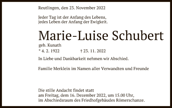 Anzeige von Marie-Luise Schubert von Reutlinger General-Anzeiger