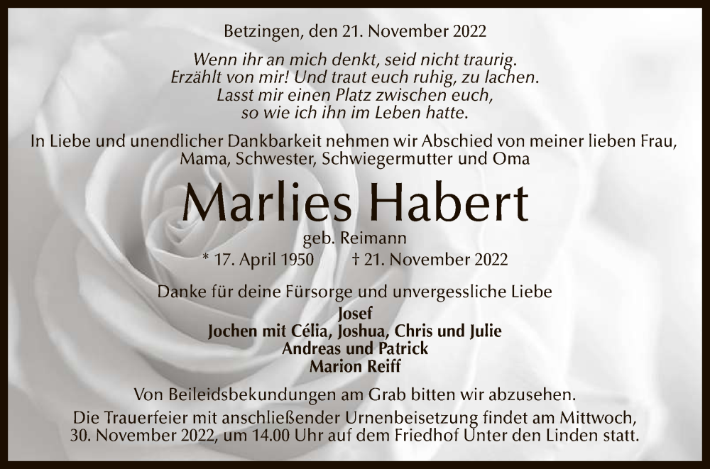  Traueranzeige für Marlies Habert vom 26.11.2022 aus Reutlinger General-Anzeiger