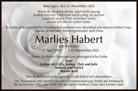 Anzeige von Marlies Habert von Reutlinger General-Anzeiger