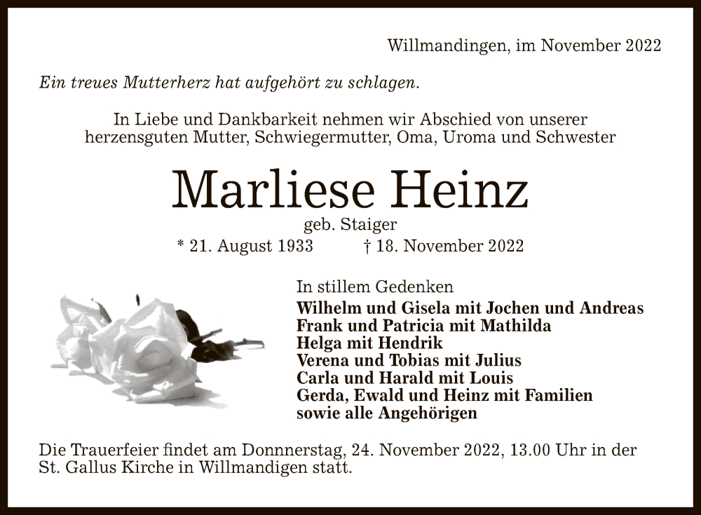  Traueranzeige für Marliese Heinz vom 22.11.2022 aus Reutlinger General-Anzeiger