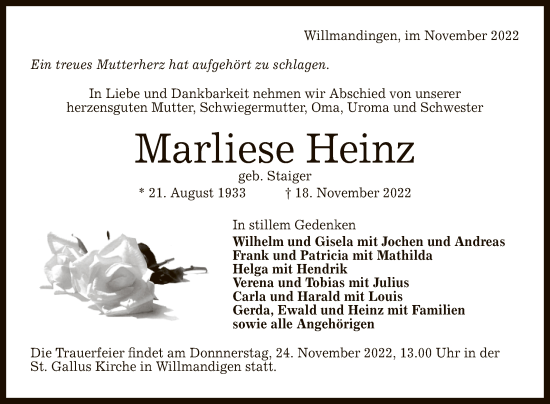 Anzeige von Marliese Heinz von Reutlinger General-Anzeiger