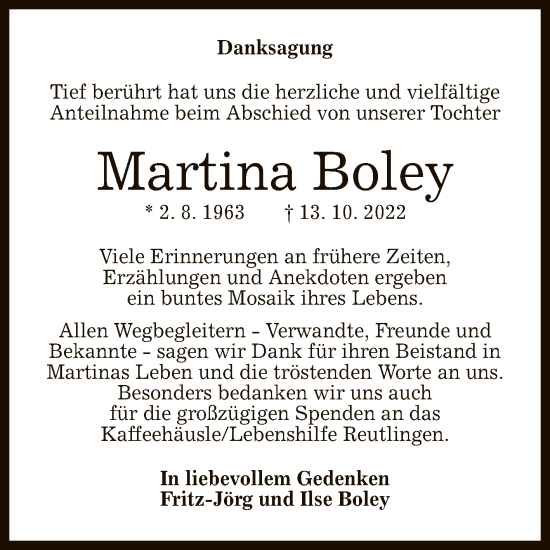 Anzeige von Martina Boley von Reutlinger General-Anzeiger