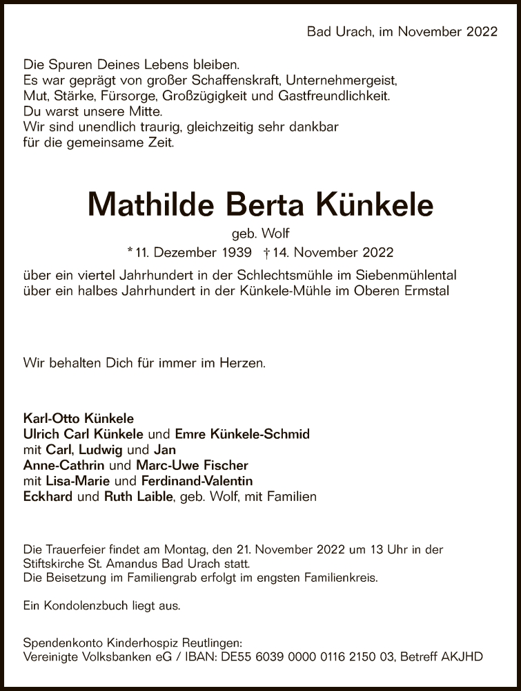  Traueranzeige für Mathilde Berta Künkele vom 18.11.2022 aus Reutlinger General-Anzeiger