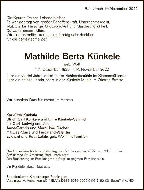 Anzeige von Mathilde Berta Künkele von Reutlinger General-Anzeiger