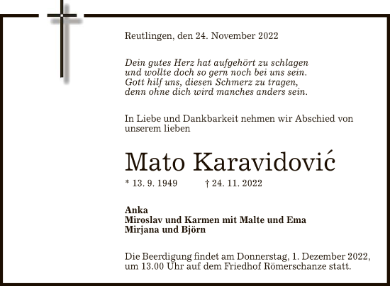 Anzeige von Mato Karavidovic von Reutlinger General-Anzeiger