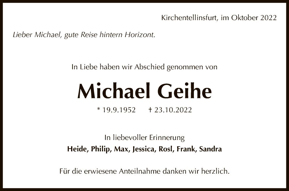  Traueranzeige für Michael Geihe vom 04.11.2022 aus Reutlinger General-Anzeiger