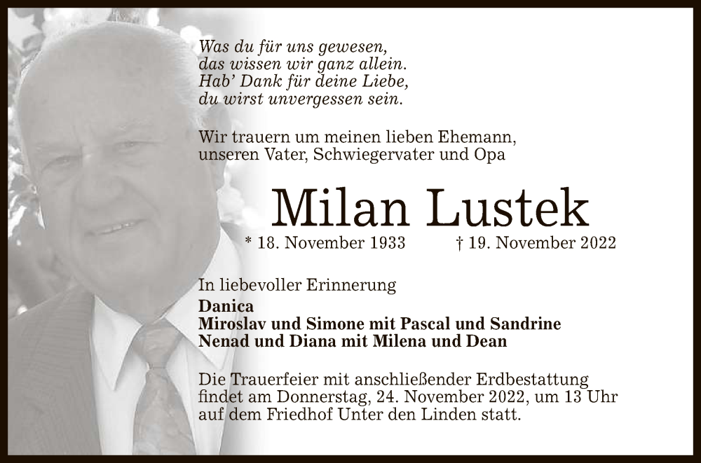  Traueranzeige für Milan Lustek vom 23.11.2022 aus Reutlinger General-Anzeiger