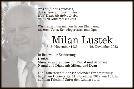 Anzeige von Milan Lustek von Reutlinger General-Anzeiger