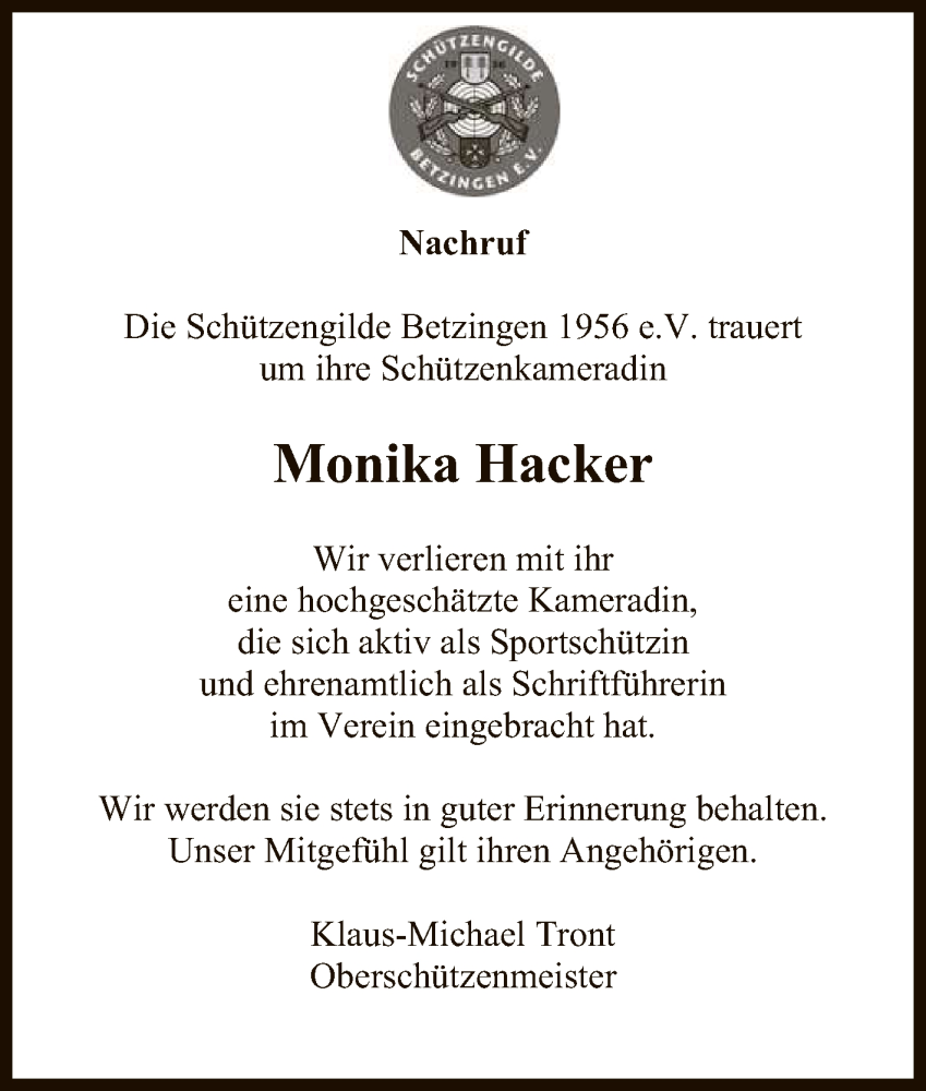  Traueranzeige für Monika Hacker vom 26.11.2022 aus Reutlinger General-Anzeiger