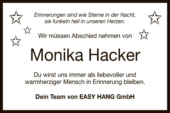 Anzeige von Monika Hacker von Reutlinger General-Anzeiger