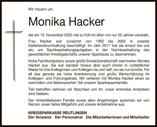 Anzeige von Monika Hacker von Reutlinger General-Anzeiger