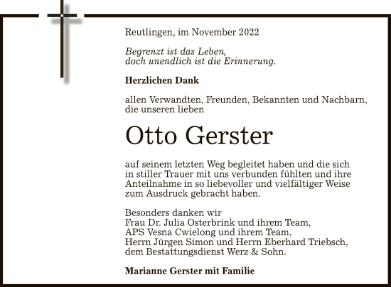Anzeige von Otto Gerster von Reutlinger General-Anzeiger