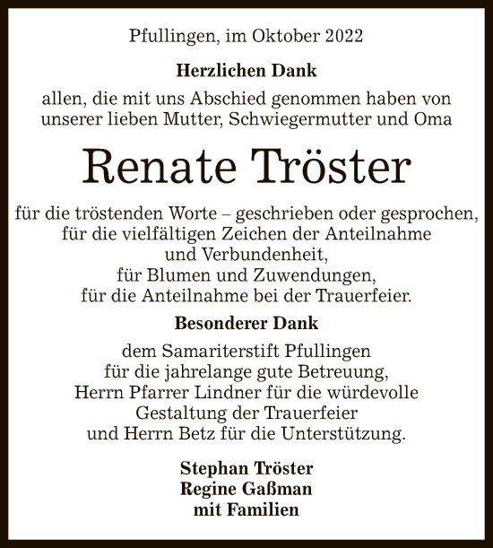 Anzeige von Renate Tröster von Reutlinger General-Anzeiger