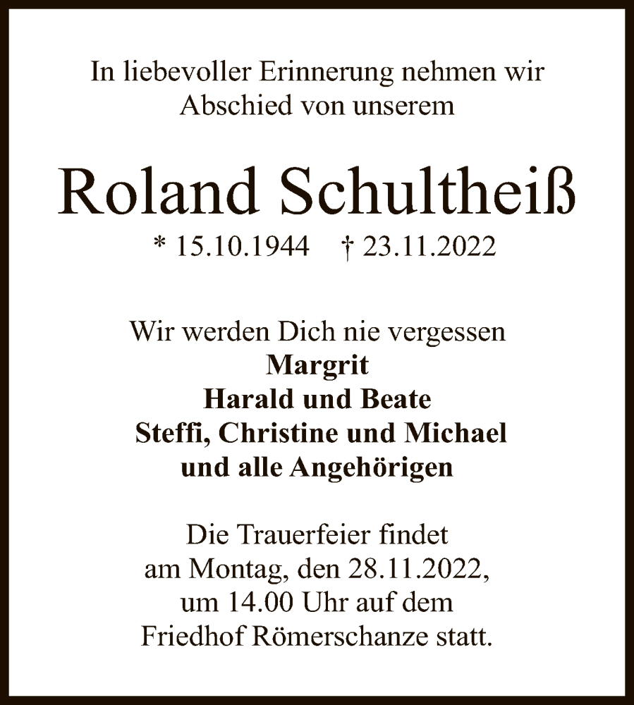  Traueranzeige für Roland Schultheiß vom 26.11.2022 aus Reutlinger General-Anzeiger