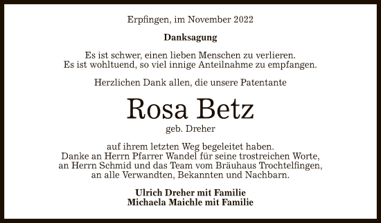 Anzeige von Rosa Betz von Reutlinger General-Anzeiger