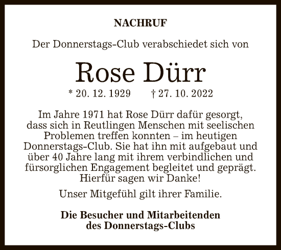 Anzeige von Rose Dürr von Reutlinger General-Anzeiger