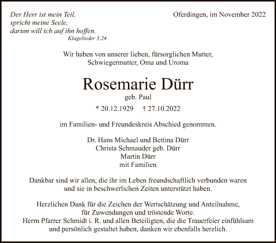 Anzeige von Rosemarie Dürr von Reutlinger General-Anzeiger