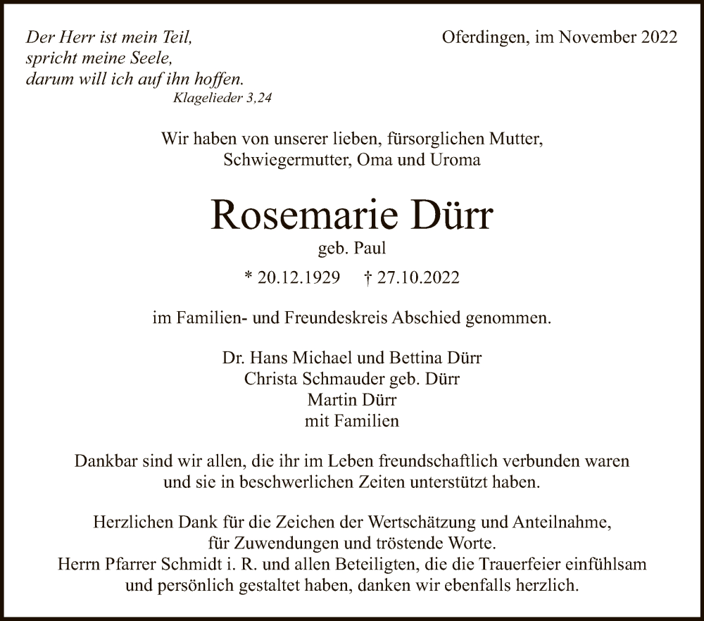  Traueranzeige für Rosemarie Dürr vom 16.11.2022 aus Reutlinger General-Anzeiger