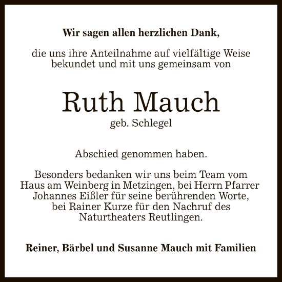 Anzeige von Ruth Mauch von Reutlinger General-Anzeiger
