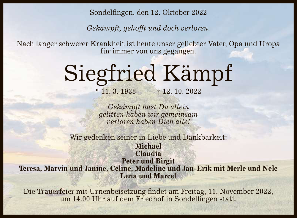 Traueranzeige für Siegfried Kämpf vom 05.11.2022 aus Reutlinger General-Anzeiger