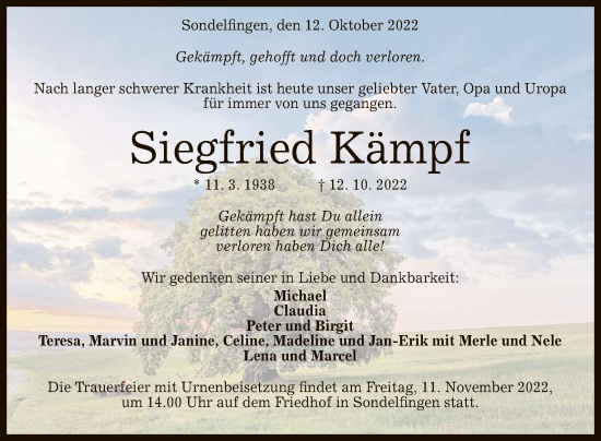 Anzeige von Siegfried Kämpf von Reutlinger General-Anzeiger