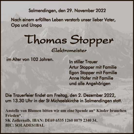 Anzeige von Thoams Stopper von Reutlinger General-Anzeiger
