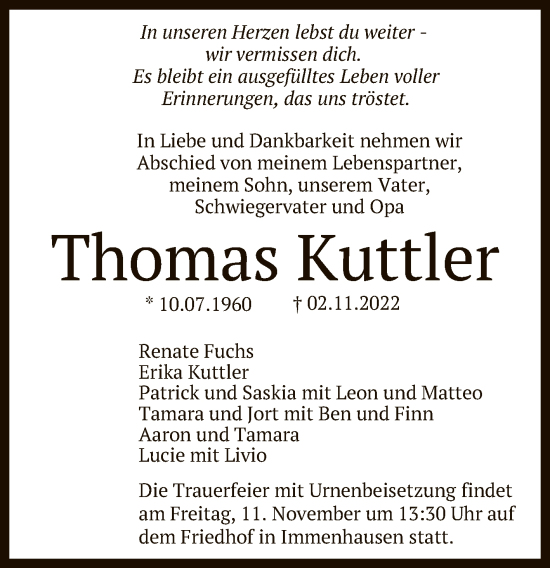 Anzeige von Thomas Kuttler von Reutlinger General-Anzeiger