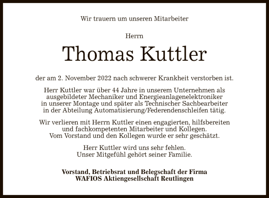 Anzeige von Thomas Kuttler von Reutlinger General-Anzeiger