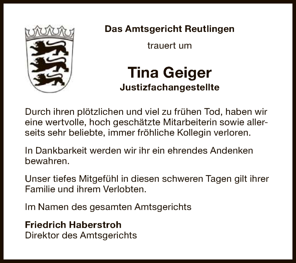  Traueranzeige für Tina Geiger vom 05.11.2022 aus Reutlinger General-Anzeiger