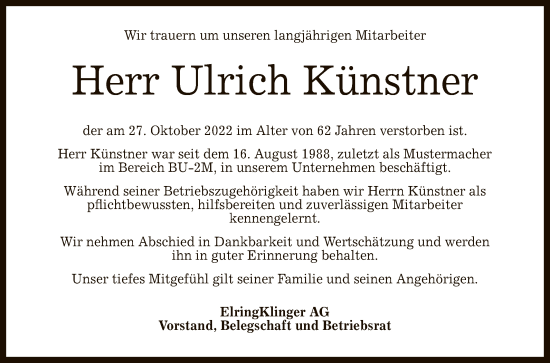 Anzeige von Ulrich Künstner von Reutlinger General-Anzeiger