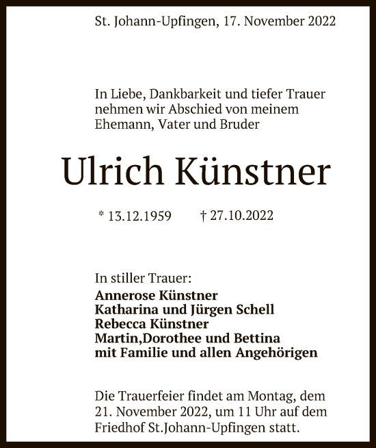Anzeige von Ulrich Künstner von Reutlinger General-Anzeiger