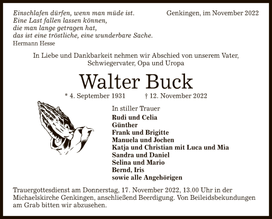 Anzeige von Walter Buck von Reutlinger General-Anzeiger