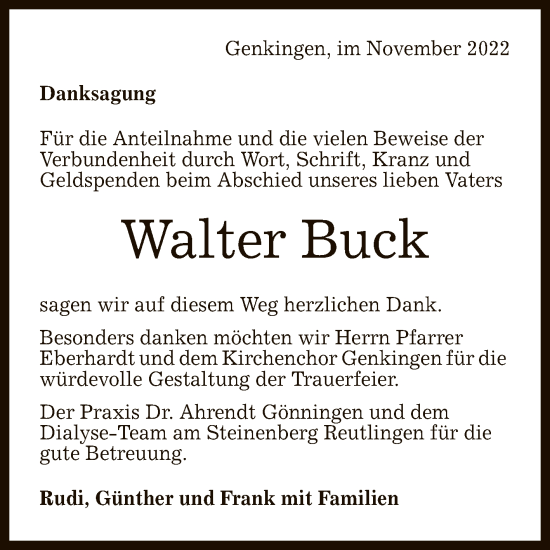 Anzeige von Walter Buck von Reutlinger General-Anzeiger