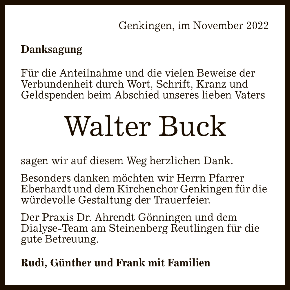  Traueranzeige für Walter Buck vom 29.11.2022 aus Reutlinger General-Anzeiger