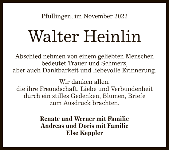 Anzeige von Walter Heinlin von Reutlinger General-Anzeiger