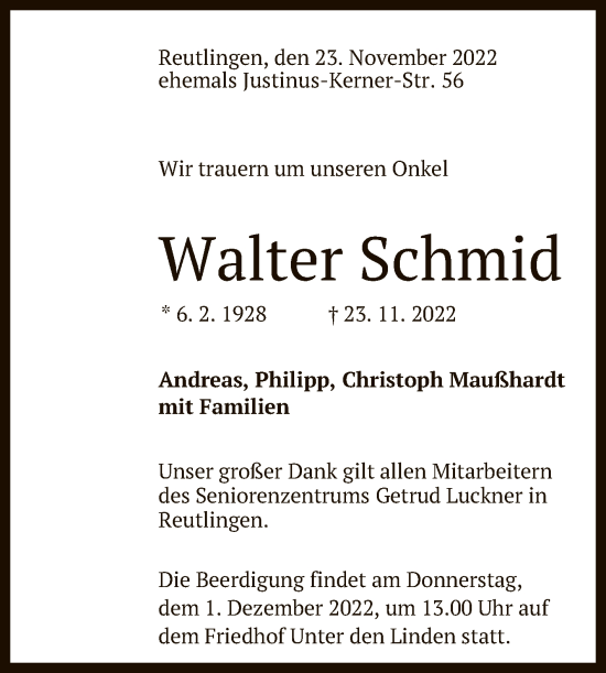 Anzeige von Walter Schmid von Reutlinger General-Anzeiger