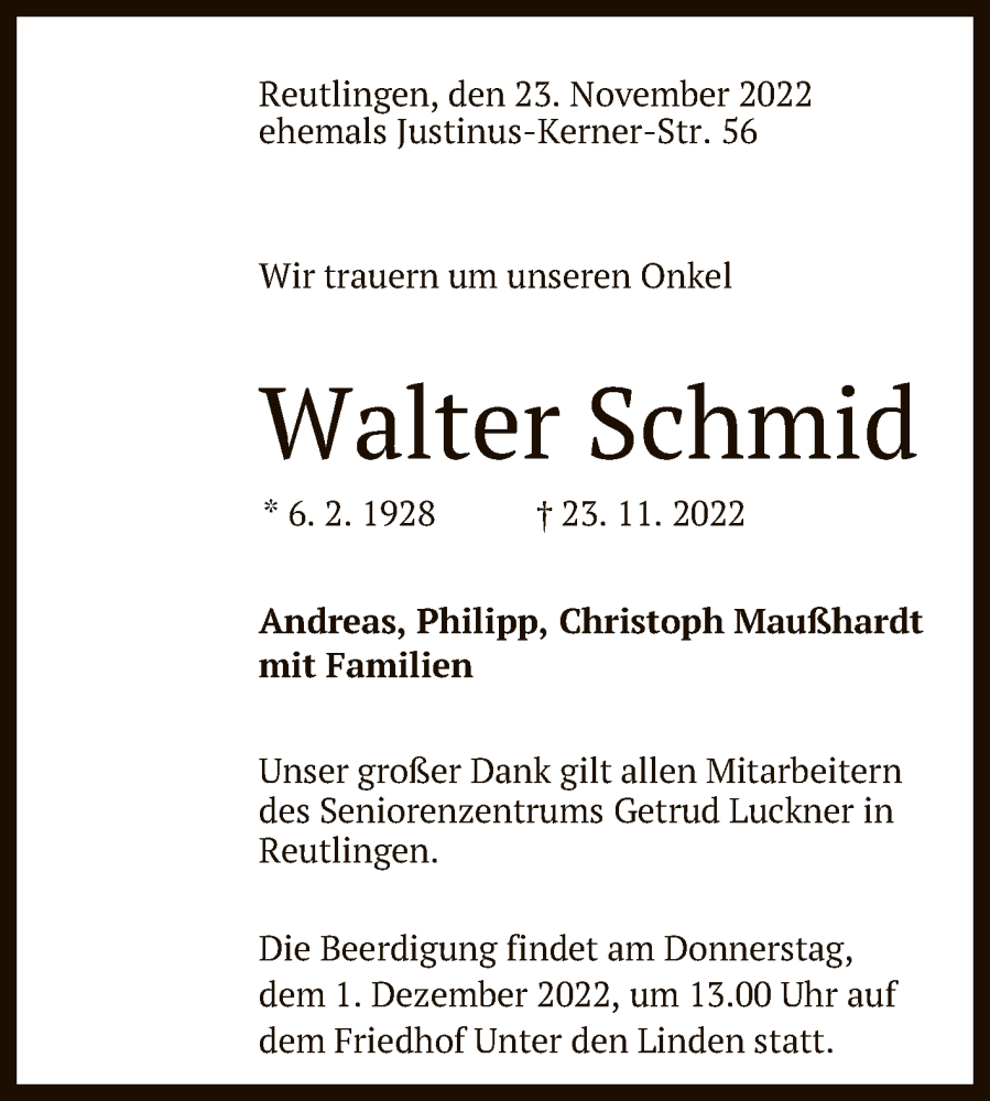  Traueranzeige für Walter Schmid vom 26.11.2022 aus Reutlinger General-Anzeiger