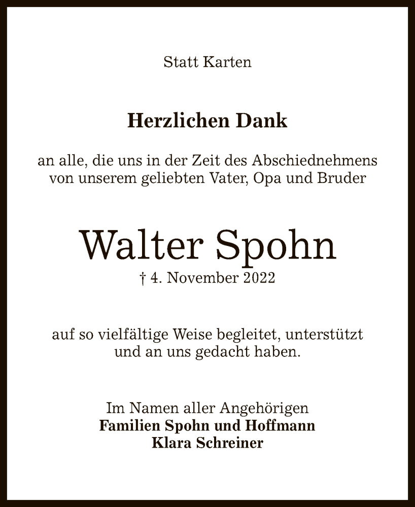  Traueranzeige für Walter Spohn vom 26.11.2022 aus Reutlinger General-Anzeiger