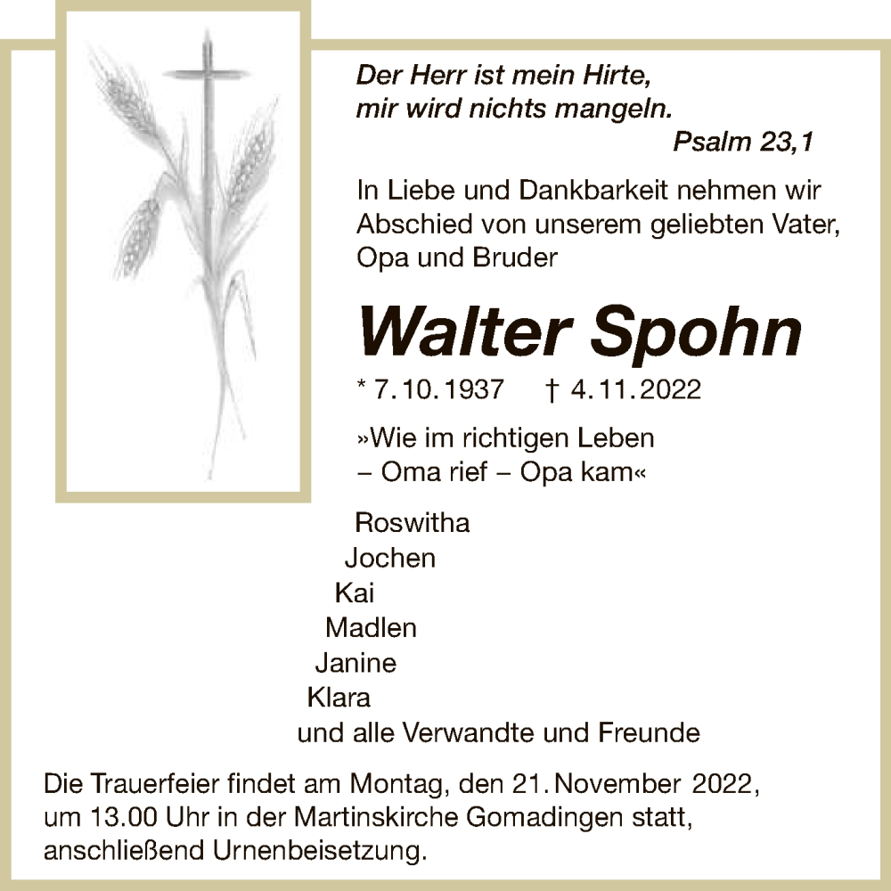  Traueranzeige für Walter Spohn vom 12.11.2022 aus Reutlinger General-Anzeiger