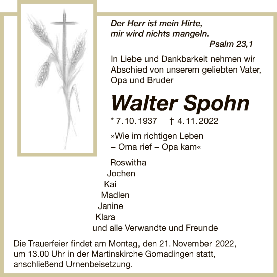 Anzeige von Walter Spohn von Reutlinger General-Anzeiger