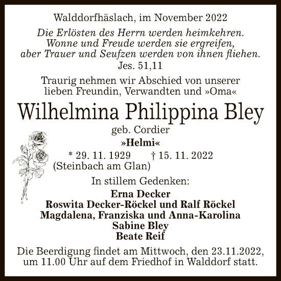 Anzeige von Wilhelmina Philippina Bley von Reutlinger General-Anzeiger