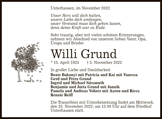 Anzeige von Willi Grund von Reutlinger General-Anzeiger