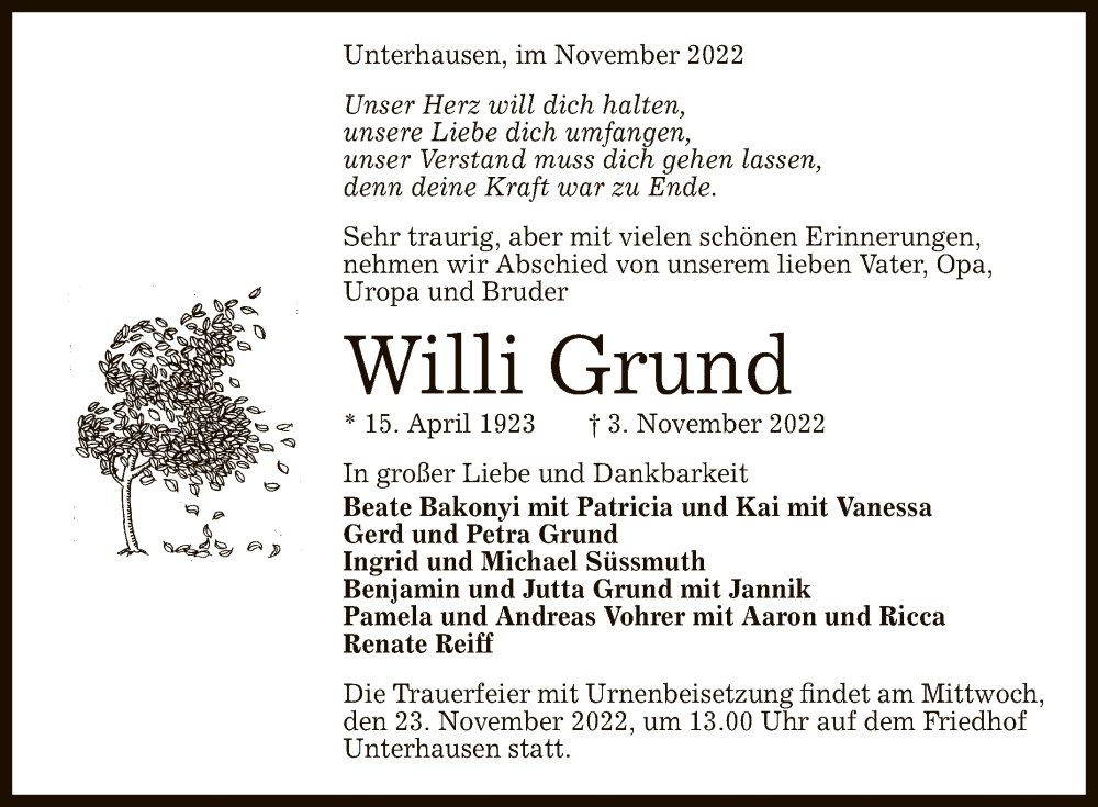  Traueranzeige für Willi Grund vom 19.11.2022 aus Reutlinger General-Anzeiger