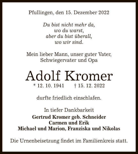 Anzeige von Adolf Kromer von Reutlinger General-Anzeiger