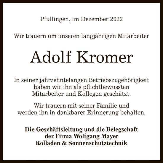 Anzeige von Adolf Kromer von Reutlinger General-Anzeiger