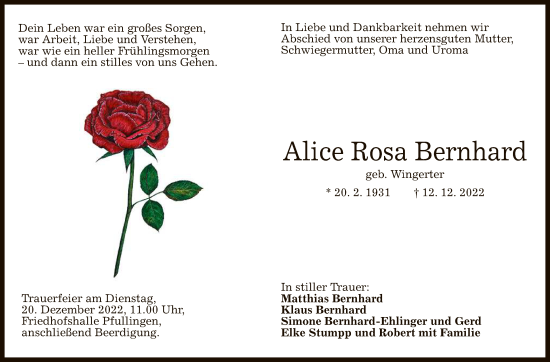 Anzeige von Alice Rosa Bernhard von Reutlinger General-Anzeiger