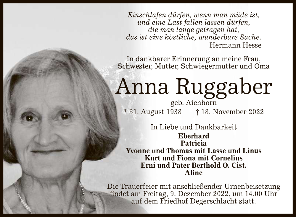  Traueranzeige für Anna Ruggaber vom 03.12.2022 aus Reutlinger General-Anzeiger