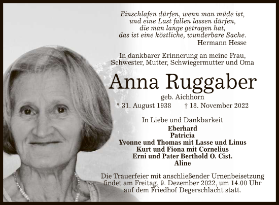 Anzeige von Anna Ruggaber von Reutlinger General-Anzeiger