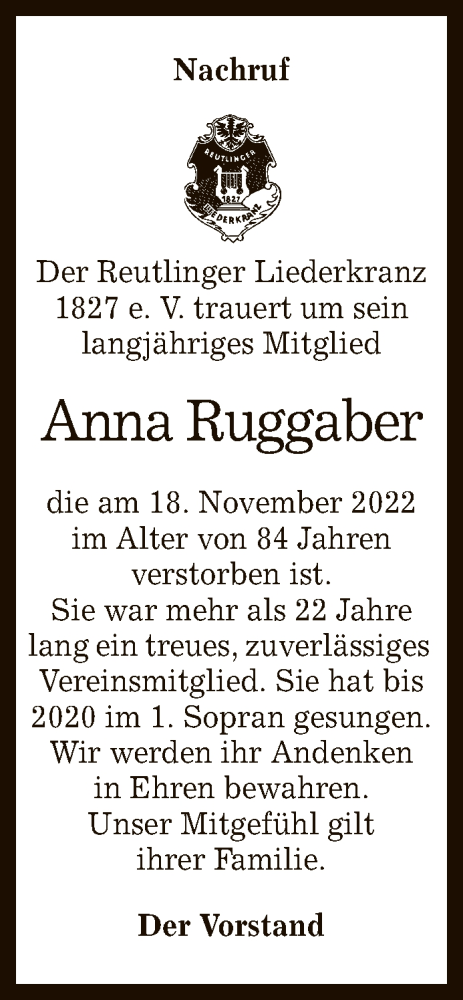  Traueranzeige für Anna Ruggaber vom 03.12.2022 aus Reutlinger General-Anzeiger